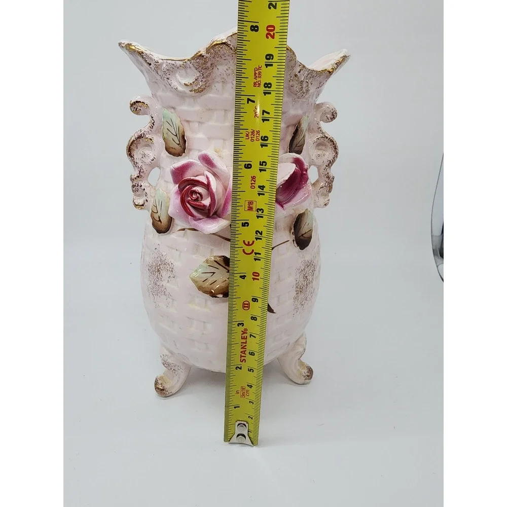 Vintage Pink Basketweave Ceramic Vase 3D Applied Roses Gold Gilt Trim 7.5in